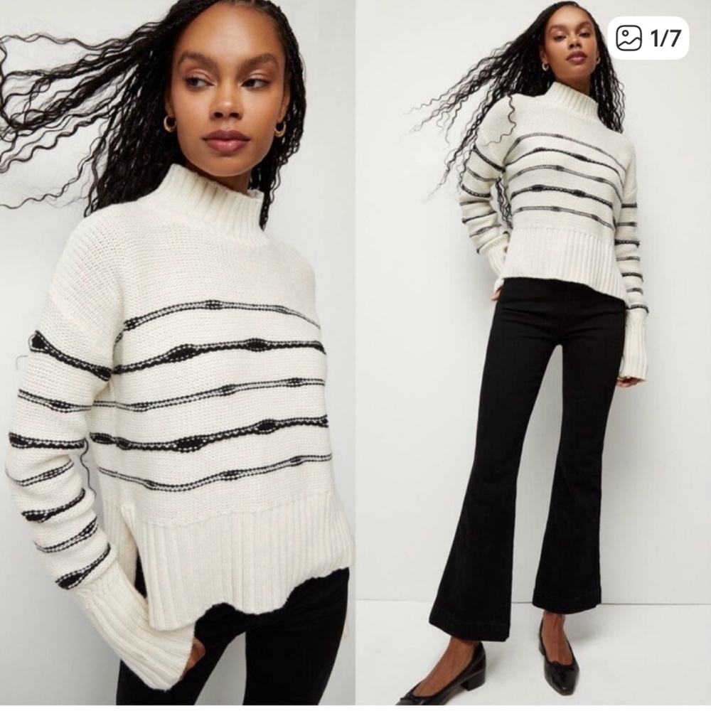 Veronica Beard  Viori‎ Wool-Blend Striped Mock Neck Sweater XS Cream Black Boxy